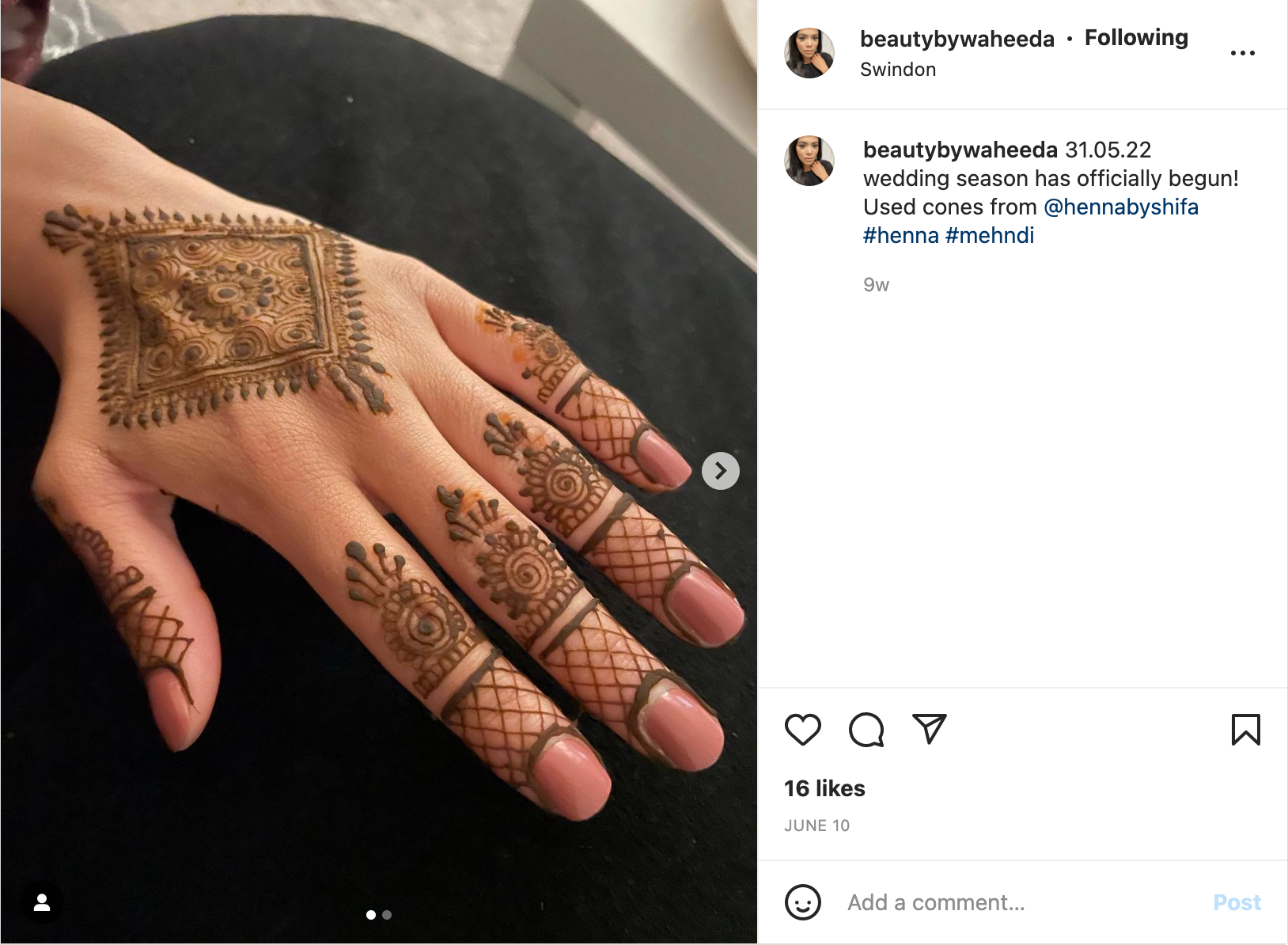 A screenshot of an instagram post showing a hand decorated with henna from Waheeda's beauty page