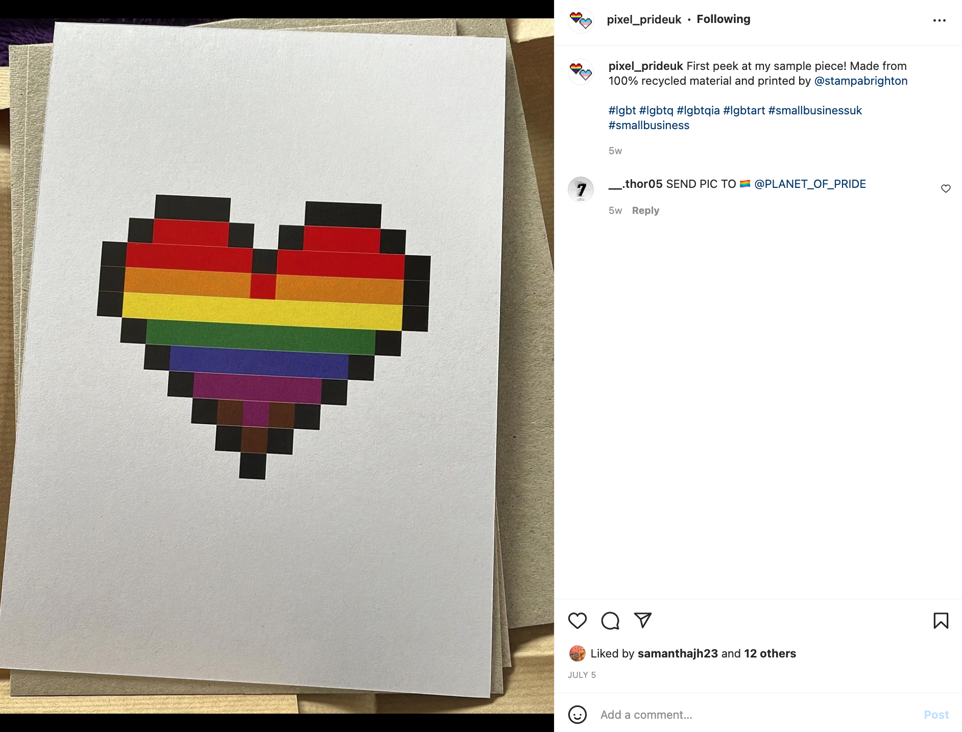 Screenshot of a same print from Pixel Pride - image on the print is of a multicolours pixelated heart using the pride colours